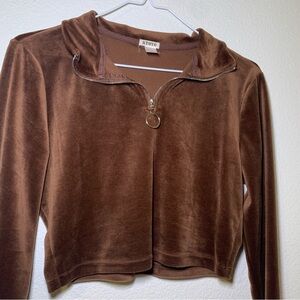 Y2k Kyoyo Brown Velour Long Sleeve Half Zip Short Crop Velvet Top Shirt Vintage